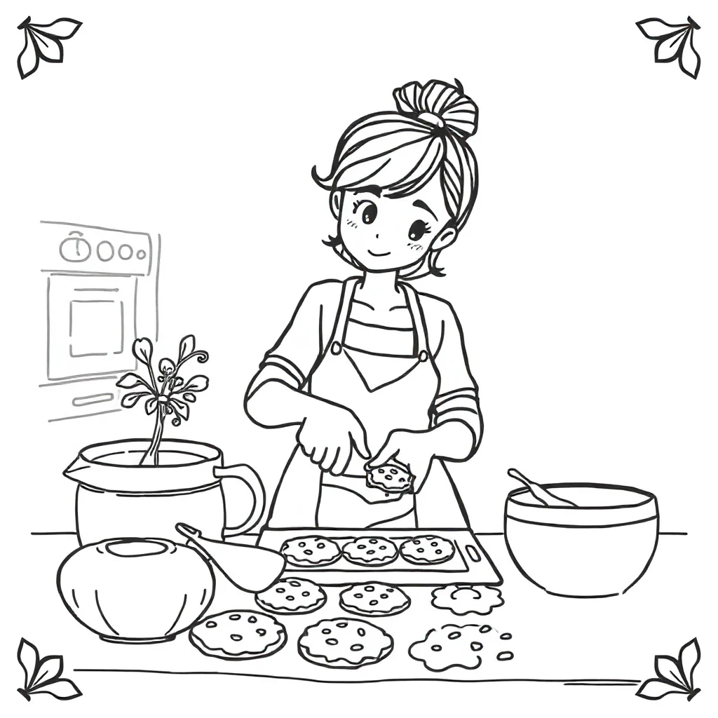Paisley a paisley border baking cookies — classic paisley coloring page (ages 5–10)