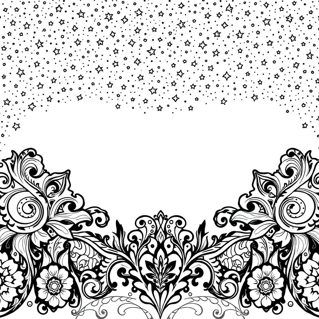 Paisley a paisley border under the night sky with stars — detailed paisley coloring page (ages 9+ & adults)