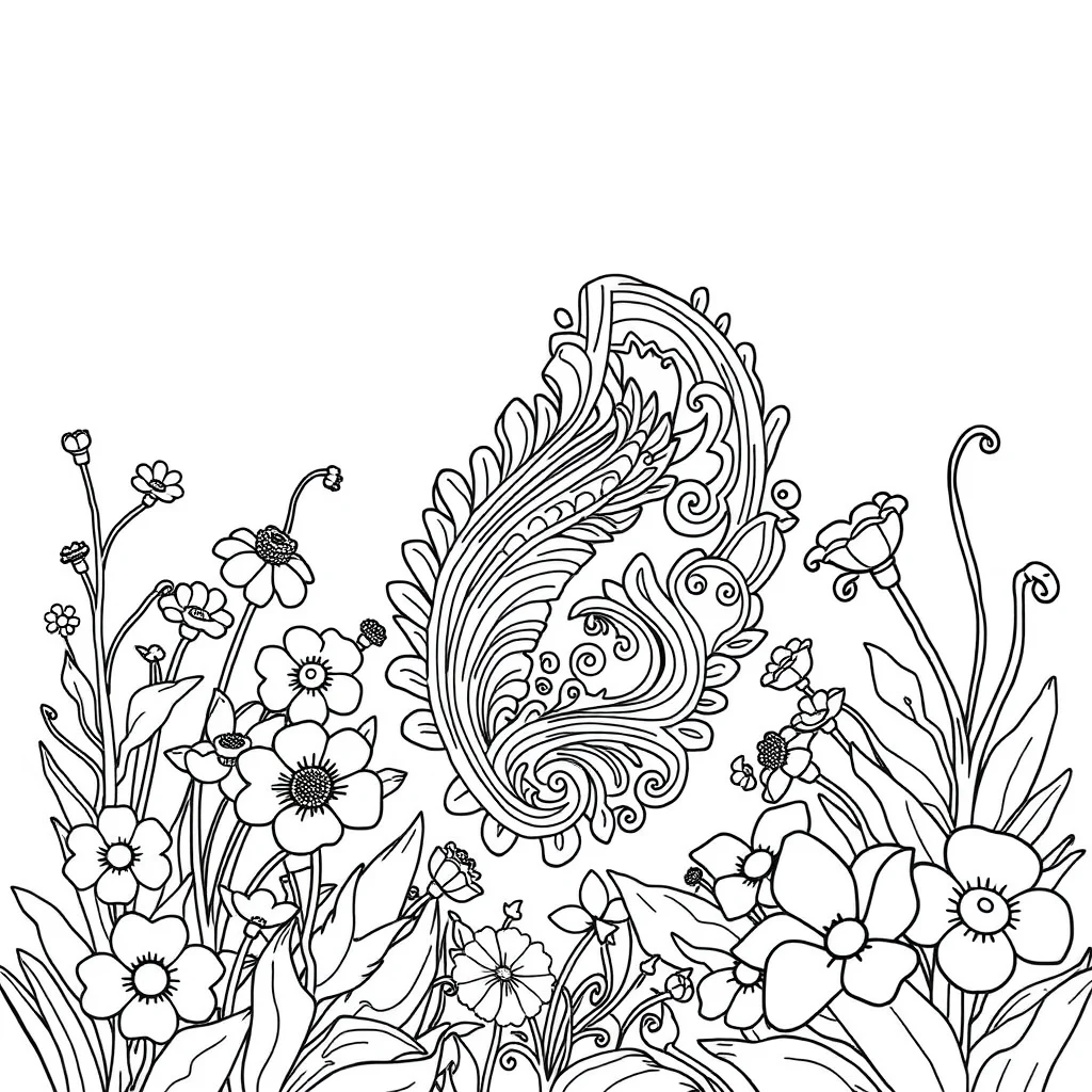 Paisley an ornate paisley design in a flower garden — classic paisley coloring page (ages 5–10)