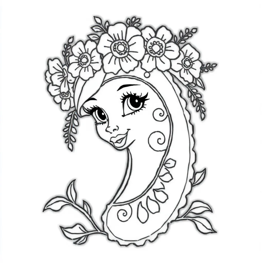 Paisley an ornate paisley design wearing a flower crown — classic paisley coloring page (ages 5–10)