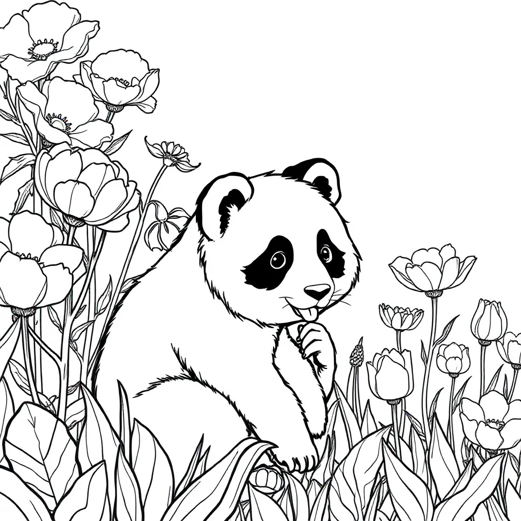 Pandas a baby panda in a flower garden — classic pandas coloring page (ages 5–10)