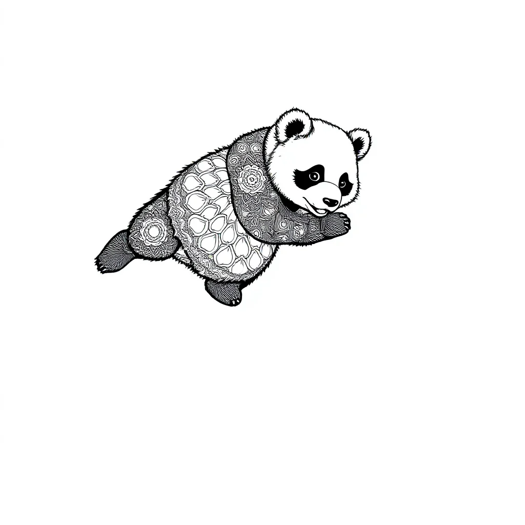 Pandas a baby panda leaping mid air — detailed pandas coloring page (ages 9+ & adults)