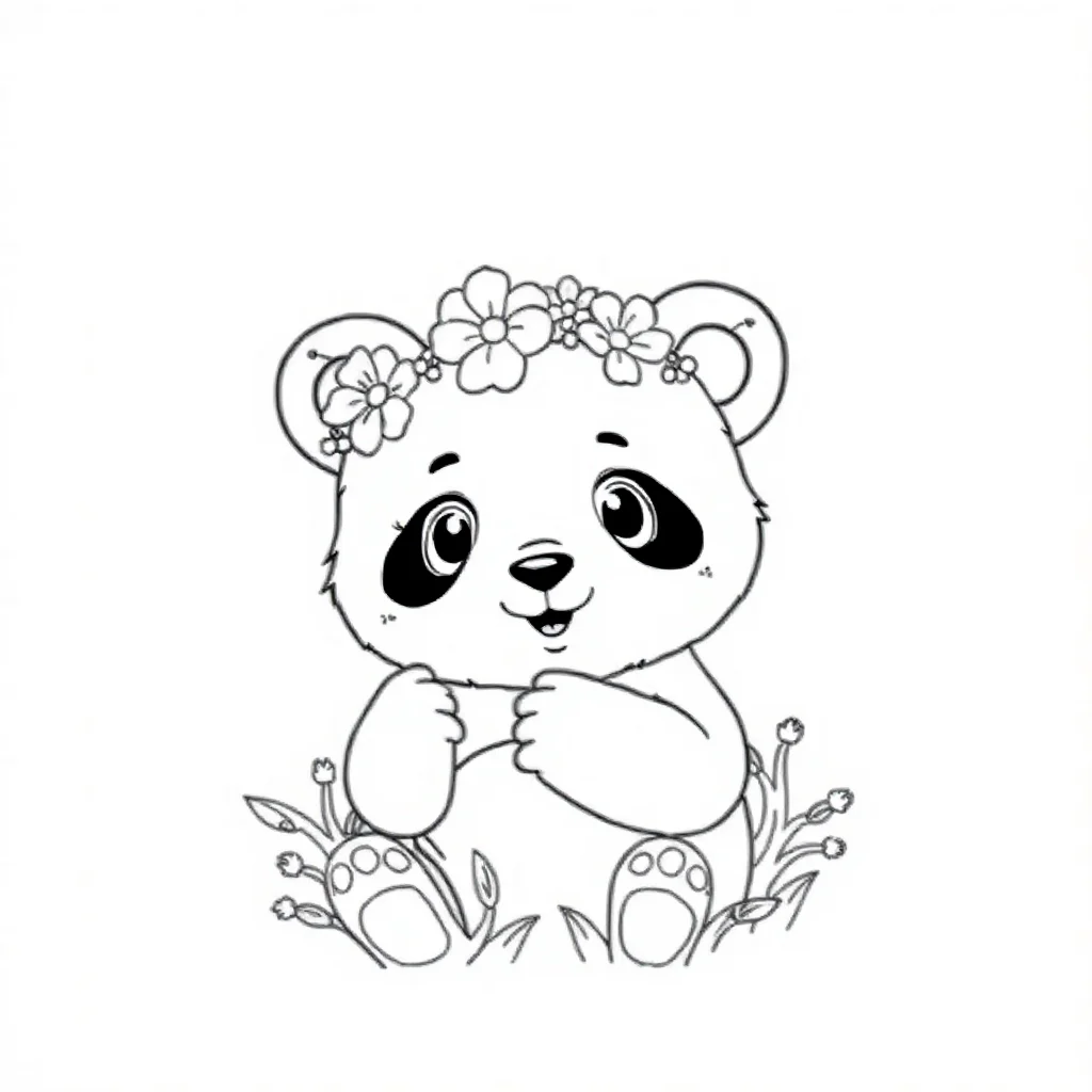 Pandas a baby panda wearing a flower crown — classic pandas coloring page (ages 5–10)