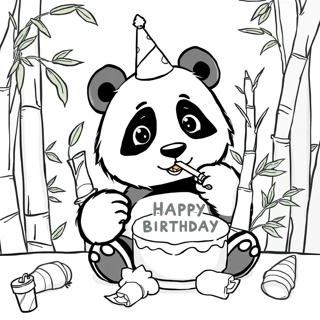 Pandas a cute panda eating bamboo celebrating a birthday — classic pandas coloring page (ages 5–10)