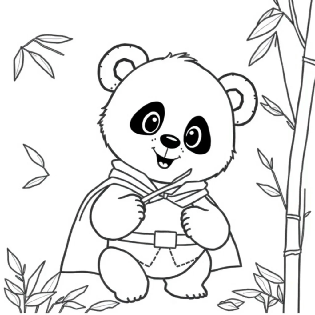 Pandas a cute panda eating bamboo in a superhero cape — classic pandas coloring page (ages 5–10)