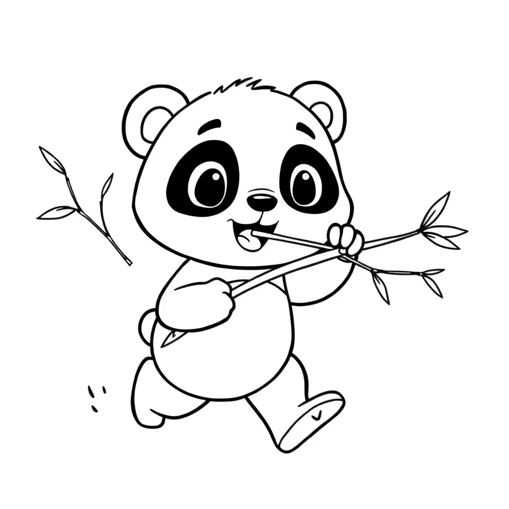 Pandas a cute panda eating bamboo running — easy pandas coloring page (ages 2–5)