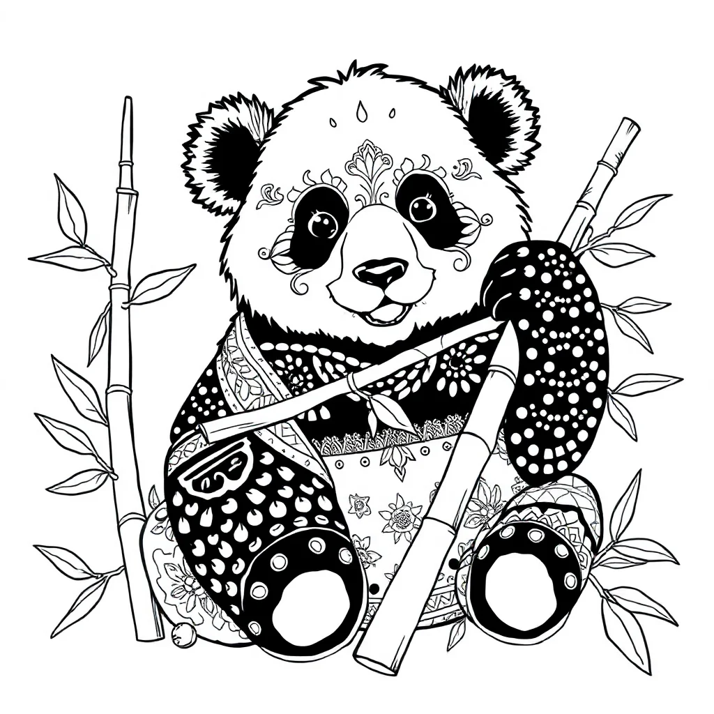 Pandas a cute panda eating bamboo sitting — detailed pandas coloring page (ages 9+ & adults)