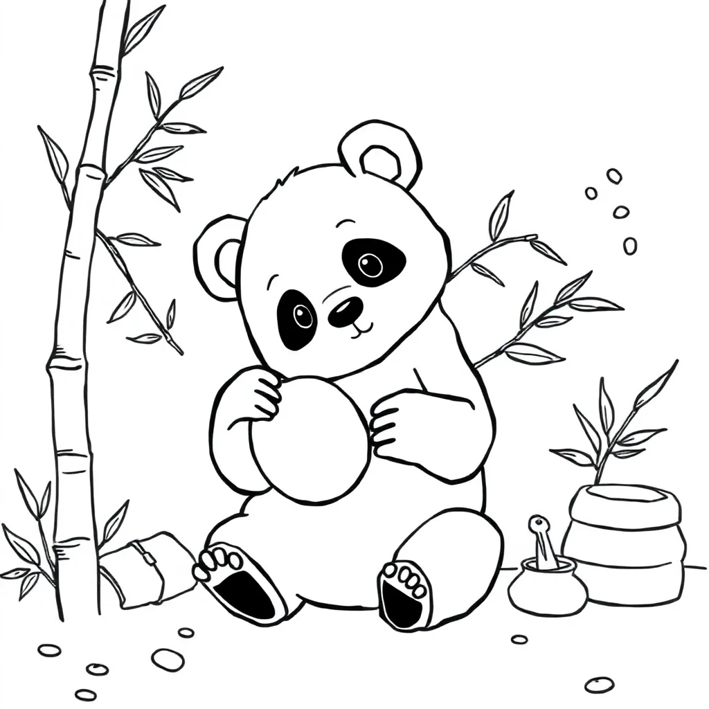 Pandas a panda hugging bamboo baking cookies — classic pandas coloring page (ages 5–10)