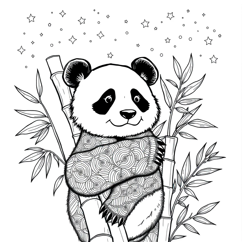 Pandas a panda hugging bamboo under the night sky with stars — detailed pandas coloring page (ages 9+ & adults)
