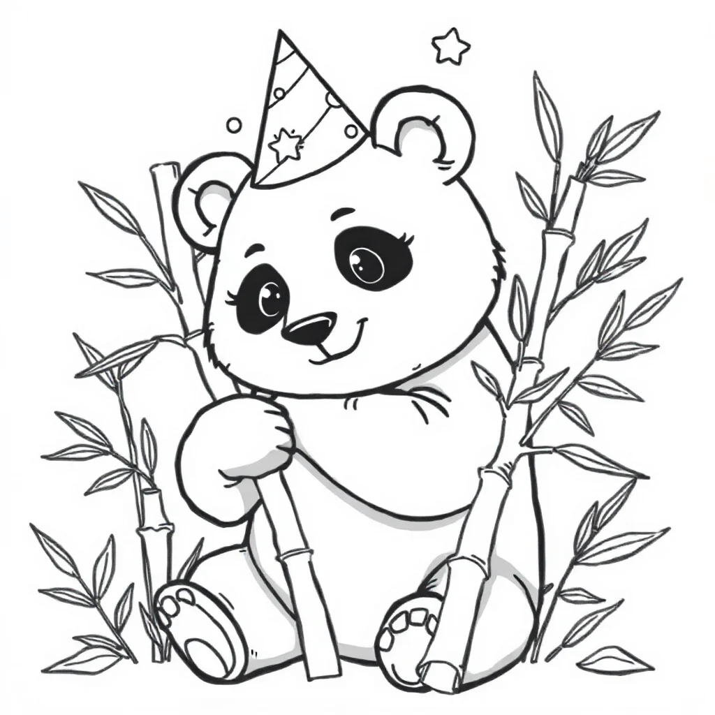 Pandas a panda hugging bamboo wearing a party hat — classic pandas coloring page (ages 5–10)
