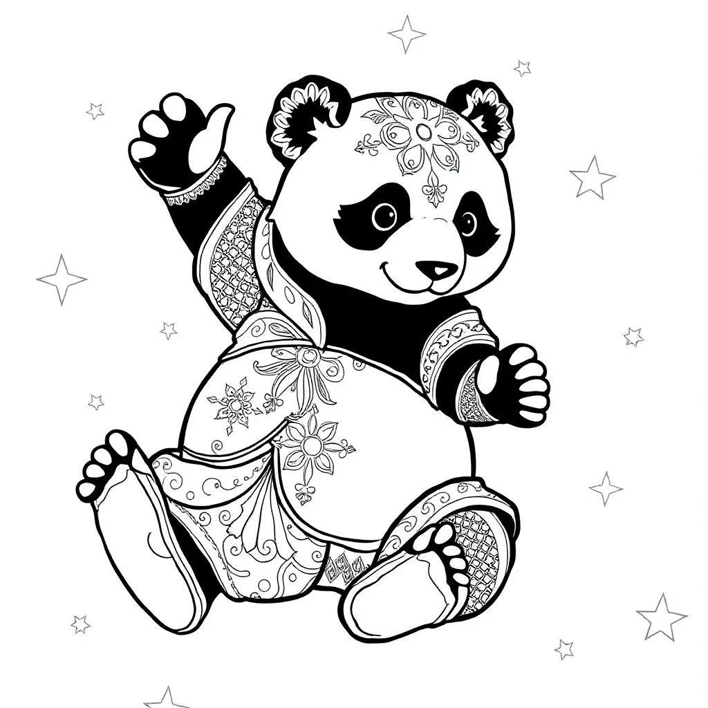 Pandas a panda sitting dancing — detailed pandas coloring page (ages 9+ & adults)
