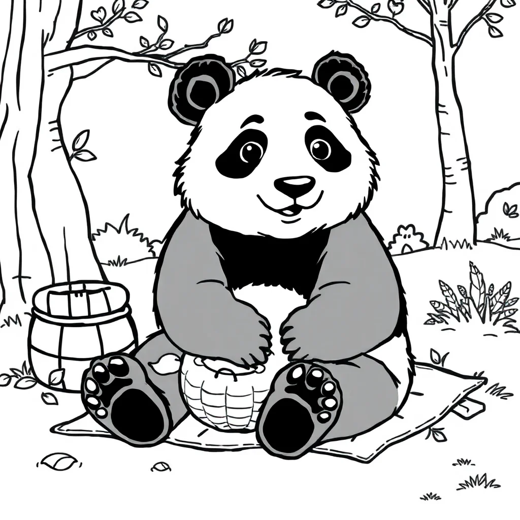 Pandas a panda sitting having a picnic — classic pandas coloring page (ages 5–10)