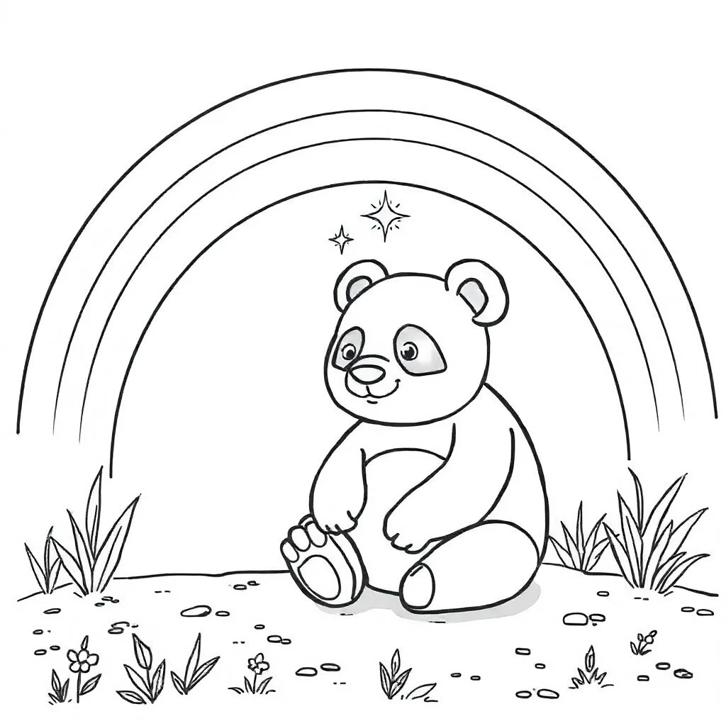 Pandas a panda sitting under a rainbow — classic pandas coloring page (ages 5–10)