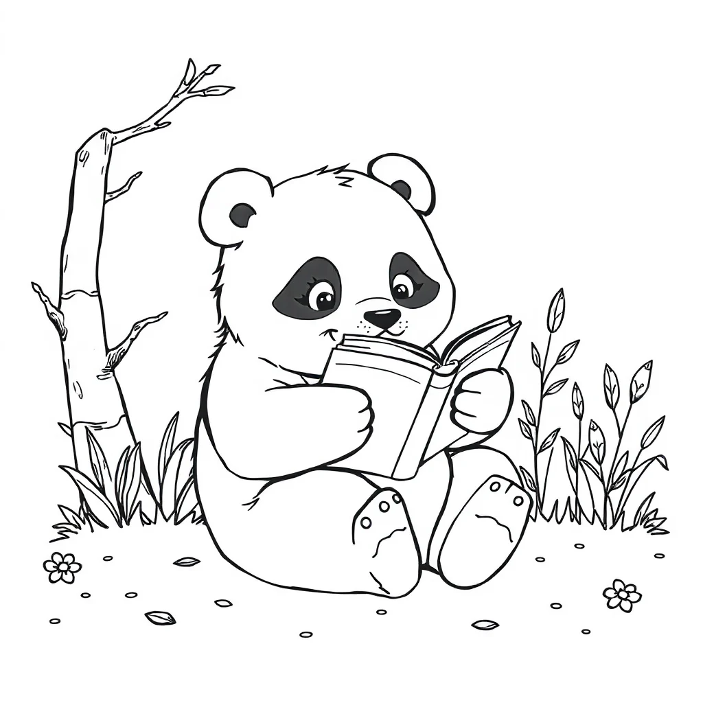Pandas a rolling panda reading a book — classic pandas coloring page (ages 5–10)