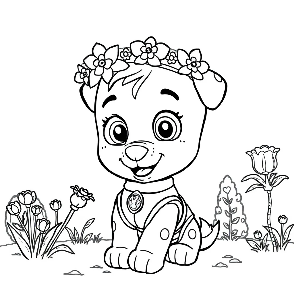 Paw patrol a chibi paw patrol puppy wearing a flower crown — classic paw patrol coloring page (ages 5–10)