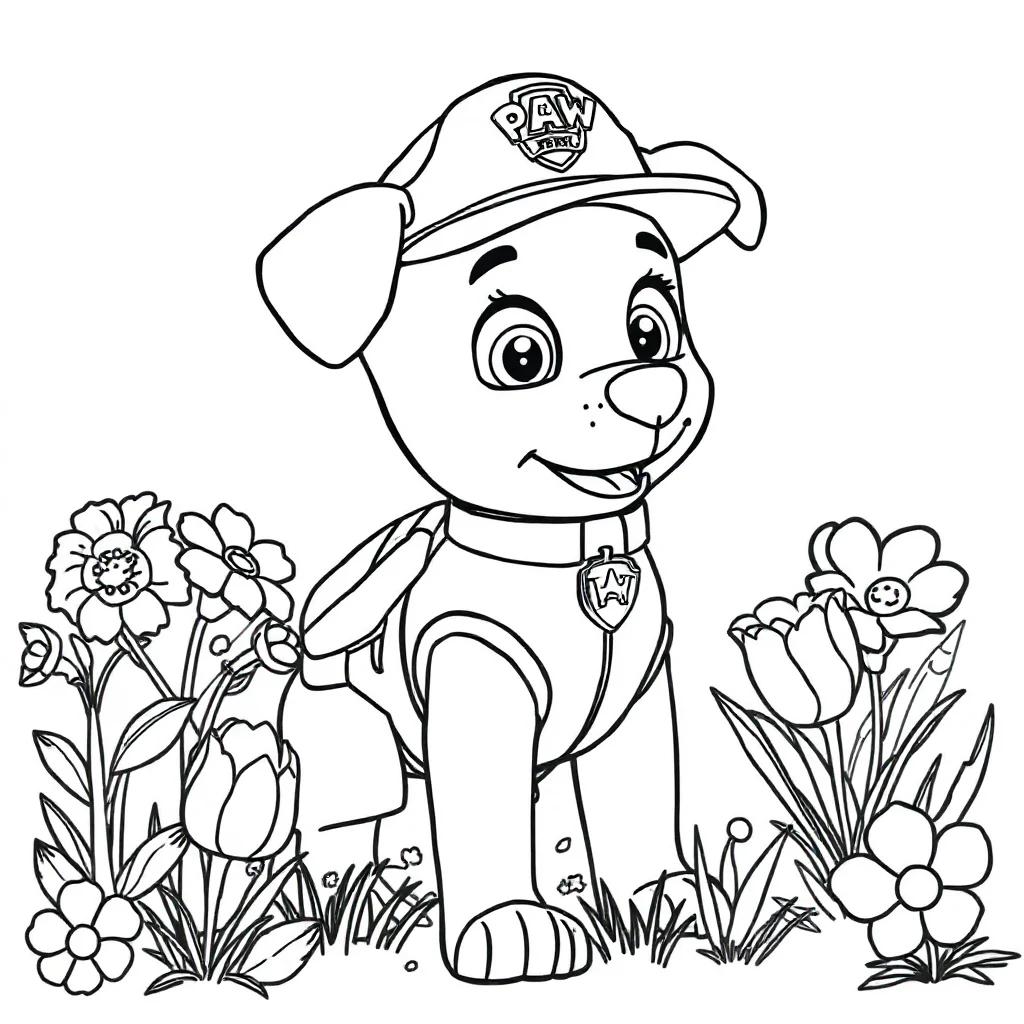 Paw patrol a cute paw patrol puppy in a uniform in a flower garden — classic paw patrol coloring page (ages 5–10)