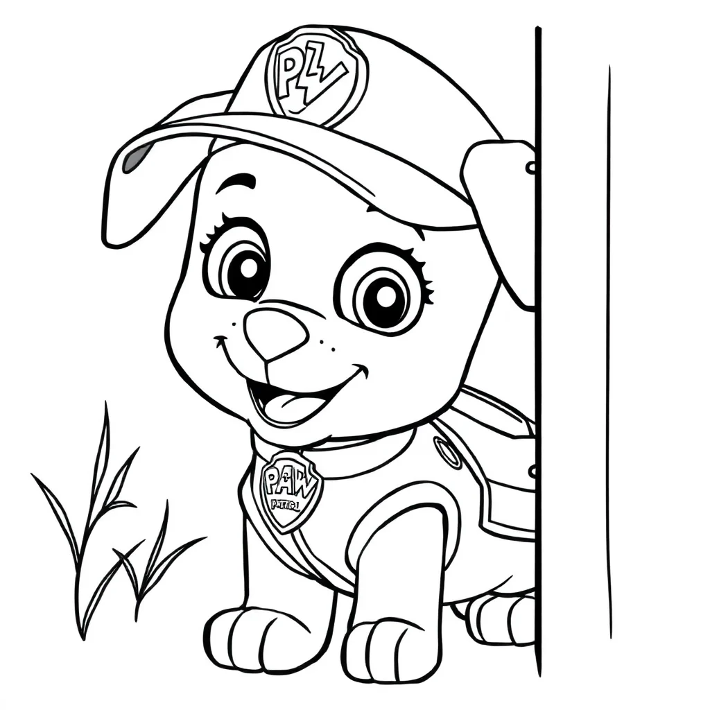 Paw patrol a cute paw patrol puppy in a uniform peeking from behind som — classic paw patrol coloring page (ages 5–10)