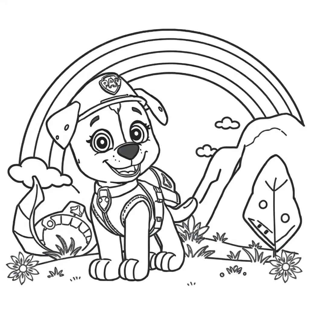 Paw patrol a paw patrol pup with a backpack under a rainbow — classic paw patrol coloring page (ages 5–10)