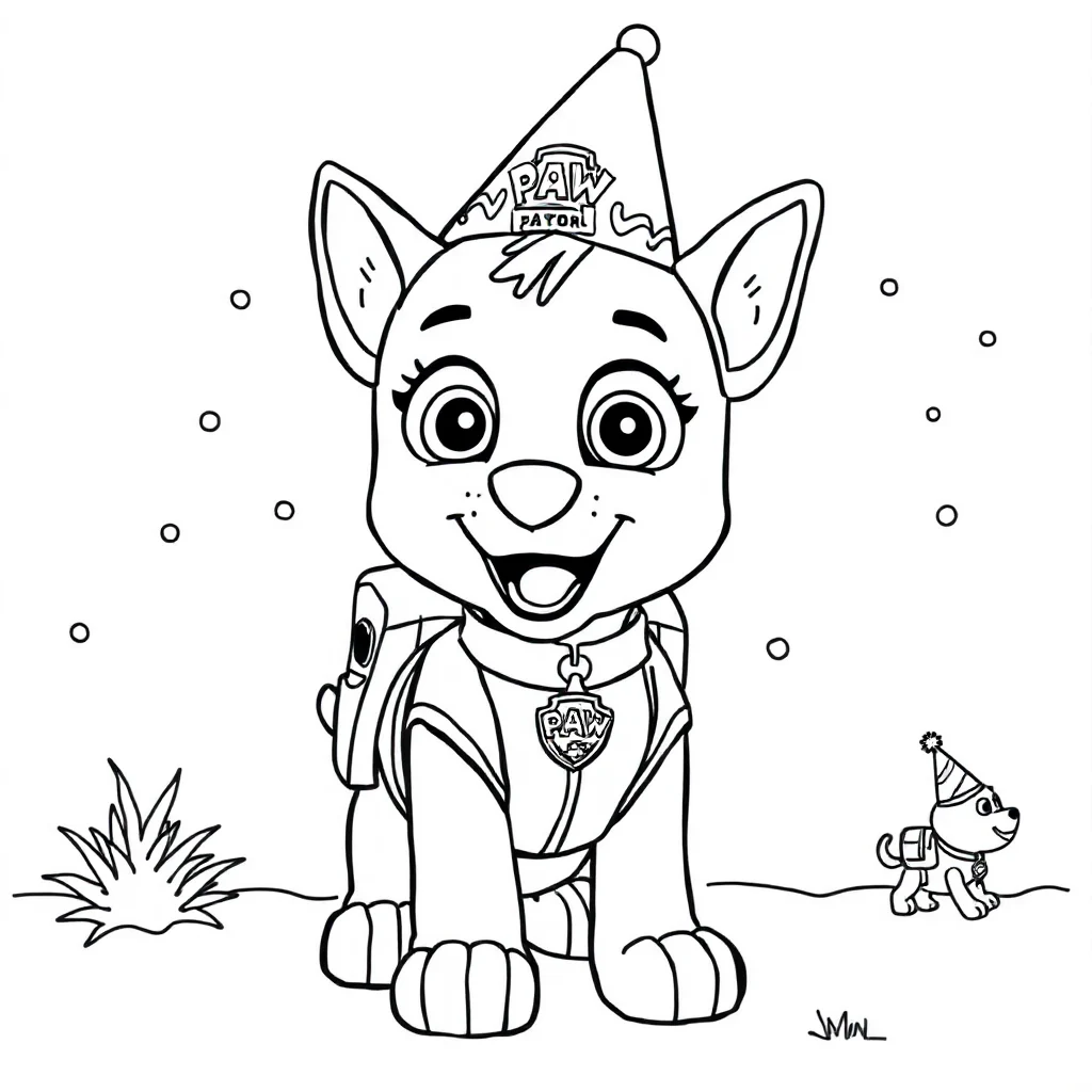 Paw patrol a paw patrol pup with a backpack wearing a party hat — classic paw patrol coloring page (ages 5–10)