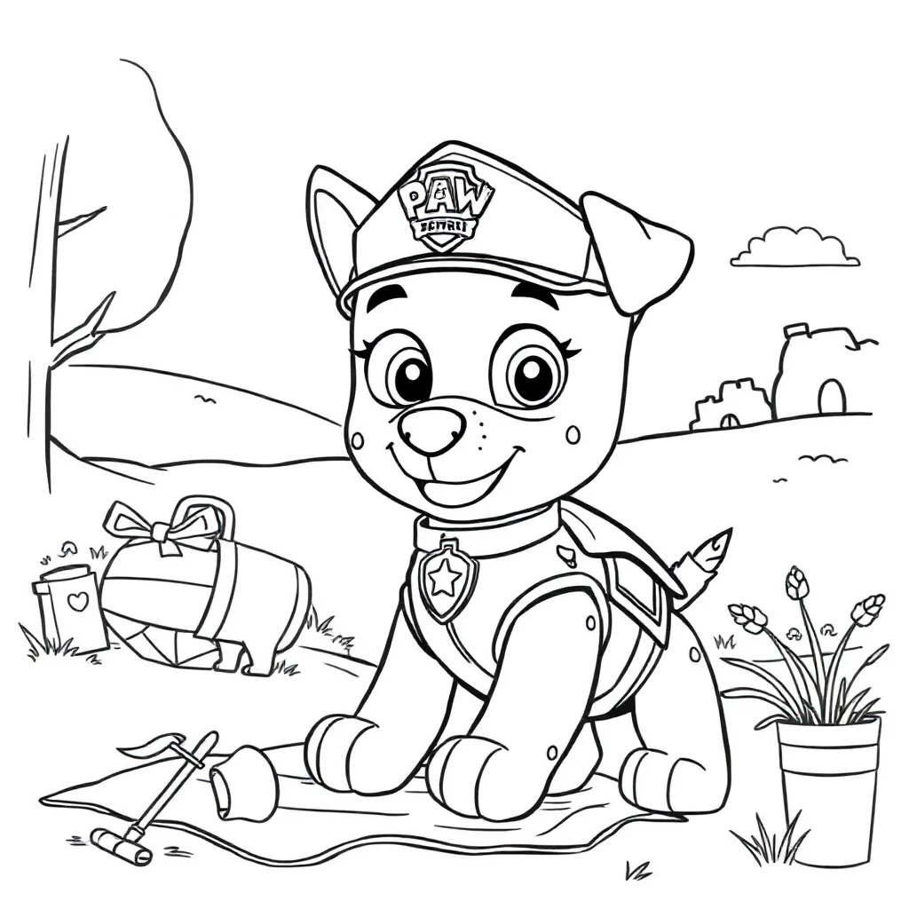 Paw patrol a paw patrol pup with a badge having a picnic — classic paw patrol coloring page (ages 5–10)