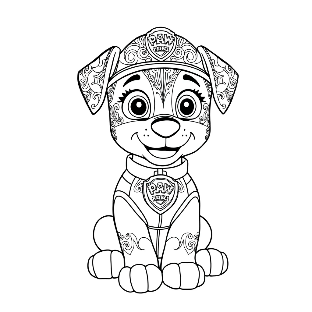 Paw patrol a paw patrol pup with a badge sitting — detailed paw patrol coloring page (ages 9+ & adults)
