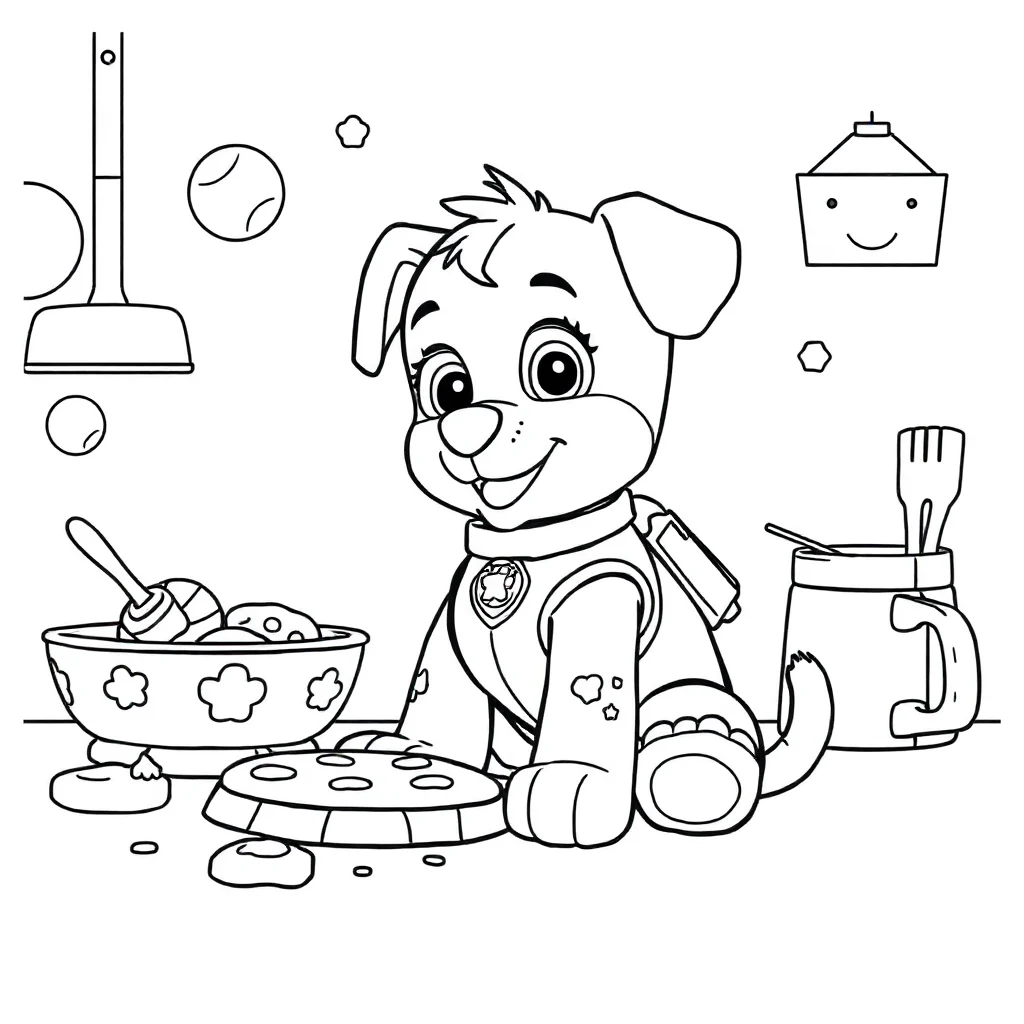 Paw patrol a paw patrol puppy sitting baking cookies — classic paw patrol coloring page (ages 5–10)