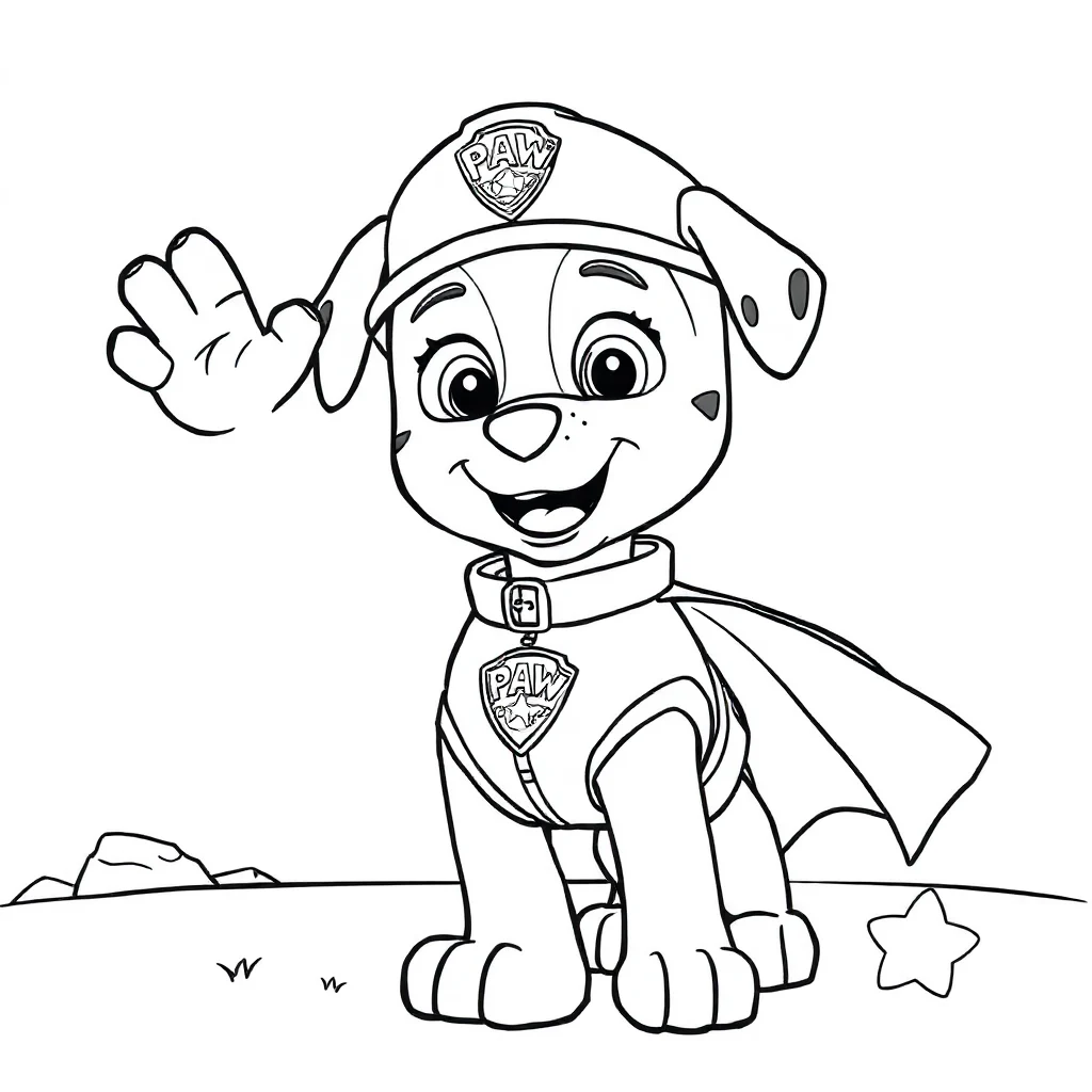 Paw patrol a paw patrol rescue pup waving in a superhero cape — classic paw patrol coloring page (ages 5–10)