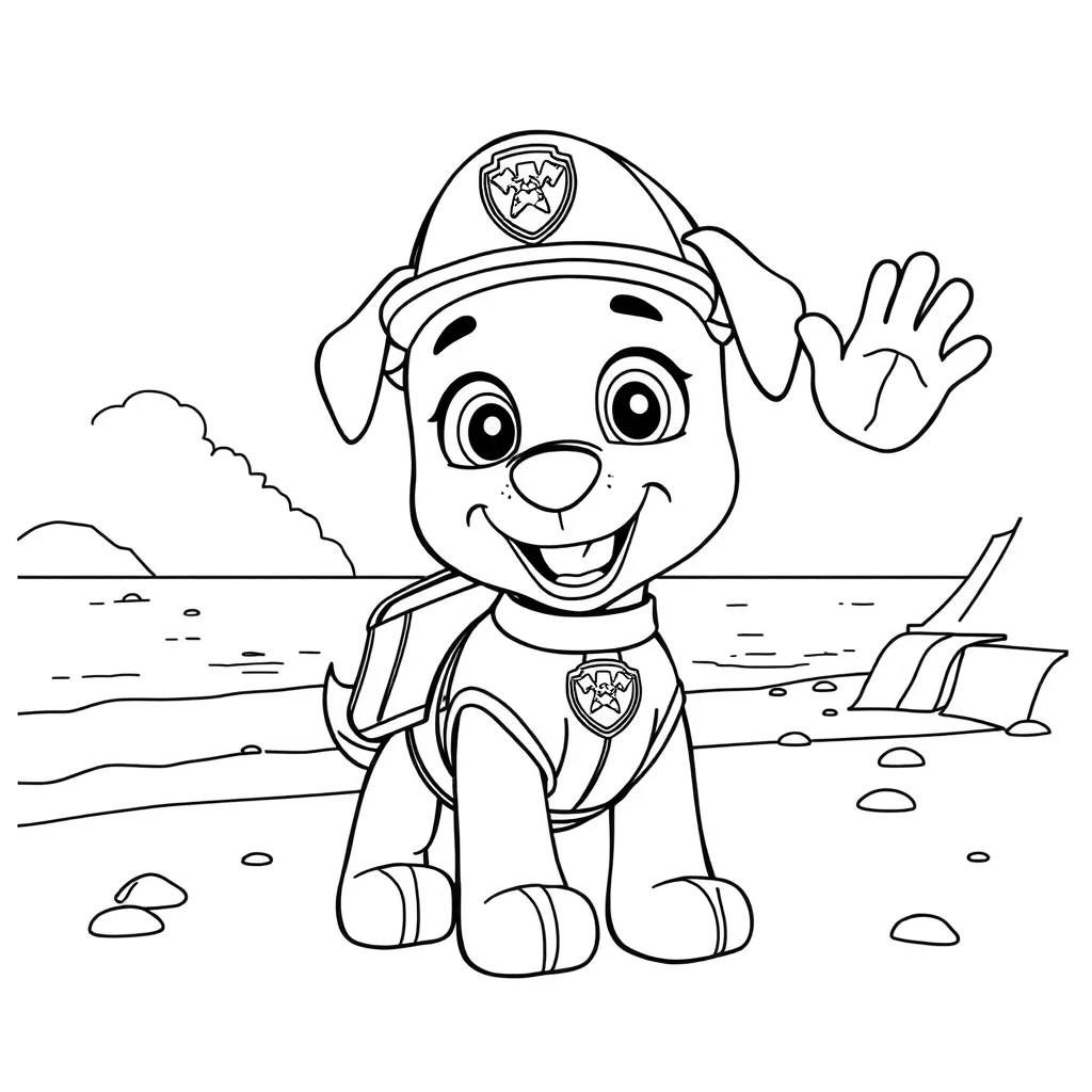 Paw patrol a paw patrol rescue pup waving on the beach — classic paw patrol coloring page (ages 5–10)