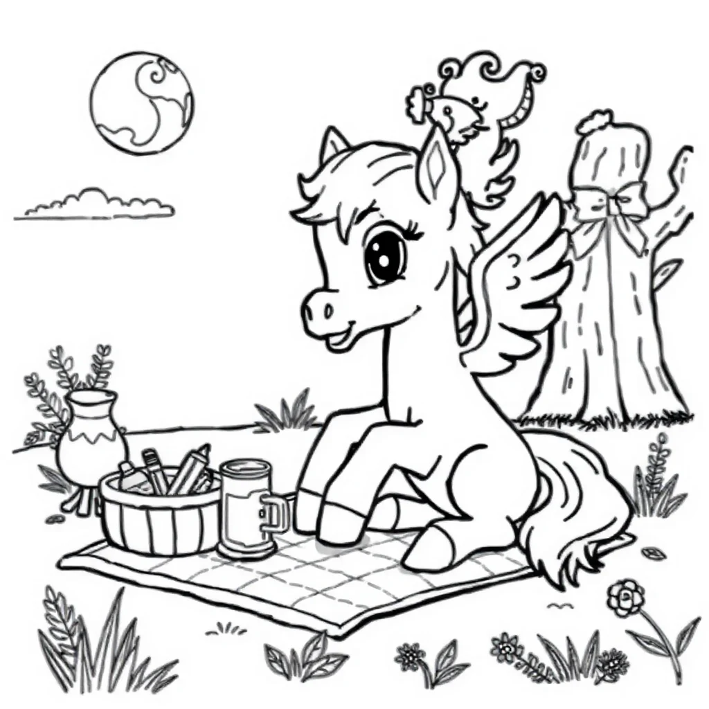 Pegasus a baby pegasus having a picnic — classic pegasus coloring page (ages 5–10)