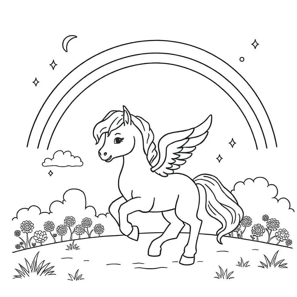 Pegasus a baby pegasus under a rainbow — classic pegasus coloring page (ages 5–10)