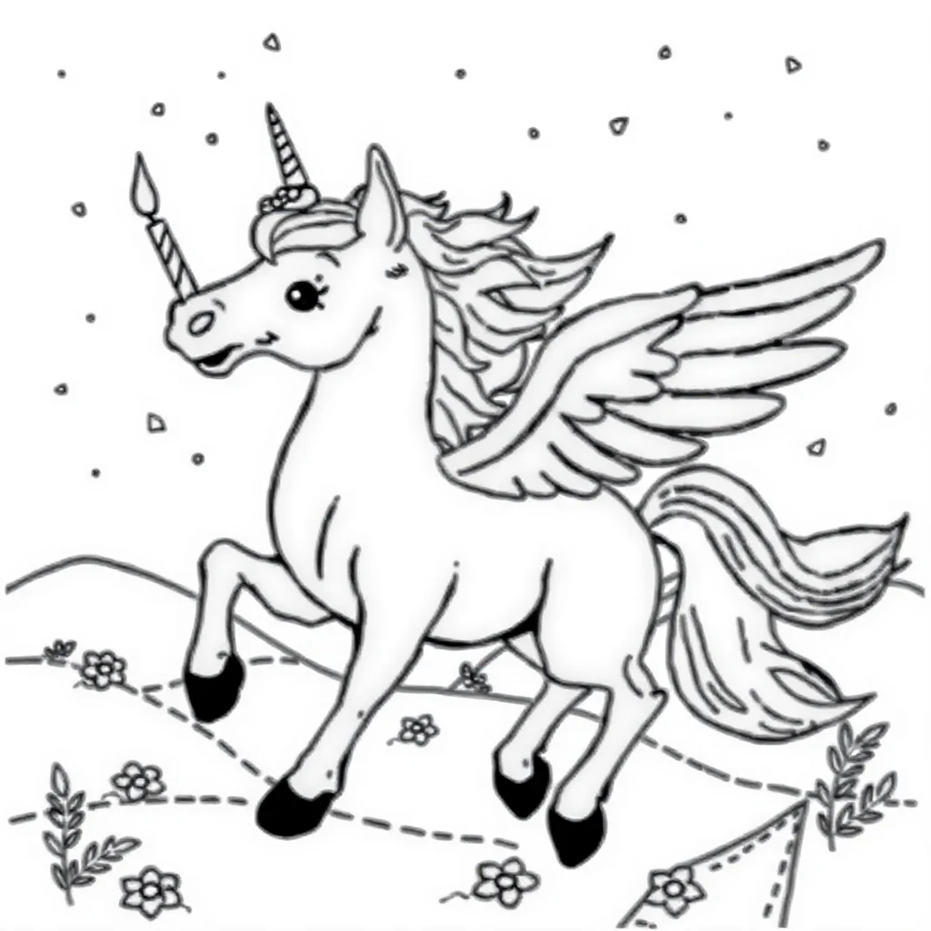 Pegasus a flying pegasus celebrating a birthday — classic pegasus coloring page (ages 5–10)
