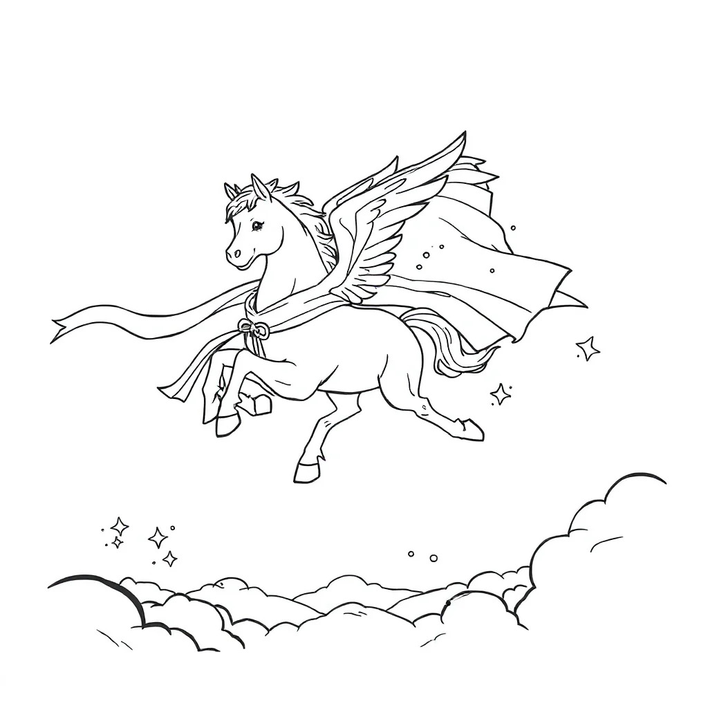 Pegasus a flying pegasus in a superhero cape — classic pegasus coloring page (ages 5–10)