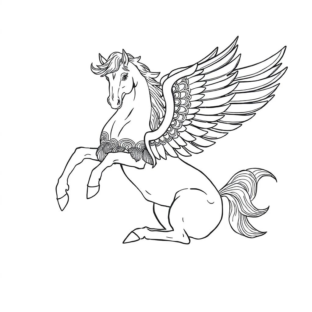 Pegasus a flying pegasus sitting — detailed pegasus coloring page (ages 9+ & adults)