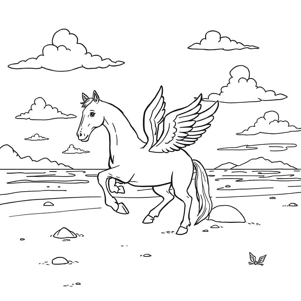 Pegasus a pegasus and clouds on the beach — classic pegasus coloring page (ages 5–10)