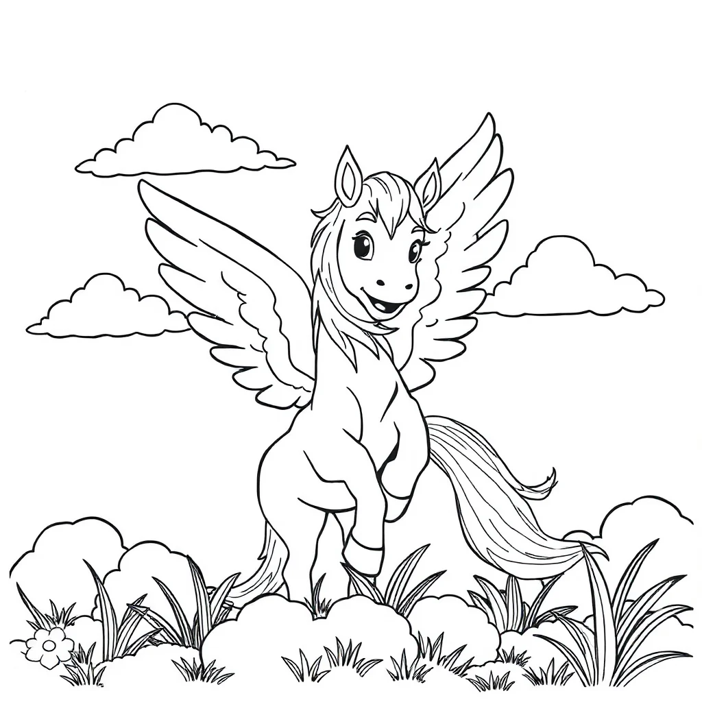 Pegasus a pegasus and clouds peeking from behind something — classic pegasus coloring page (ages 5–10)