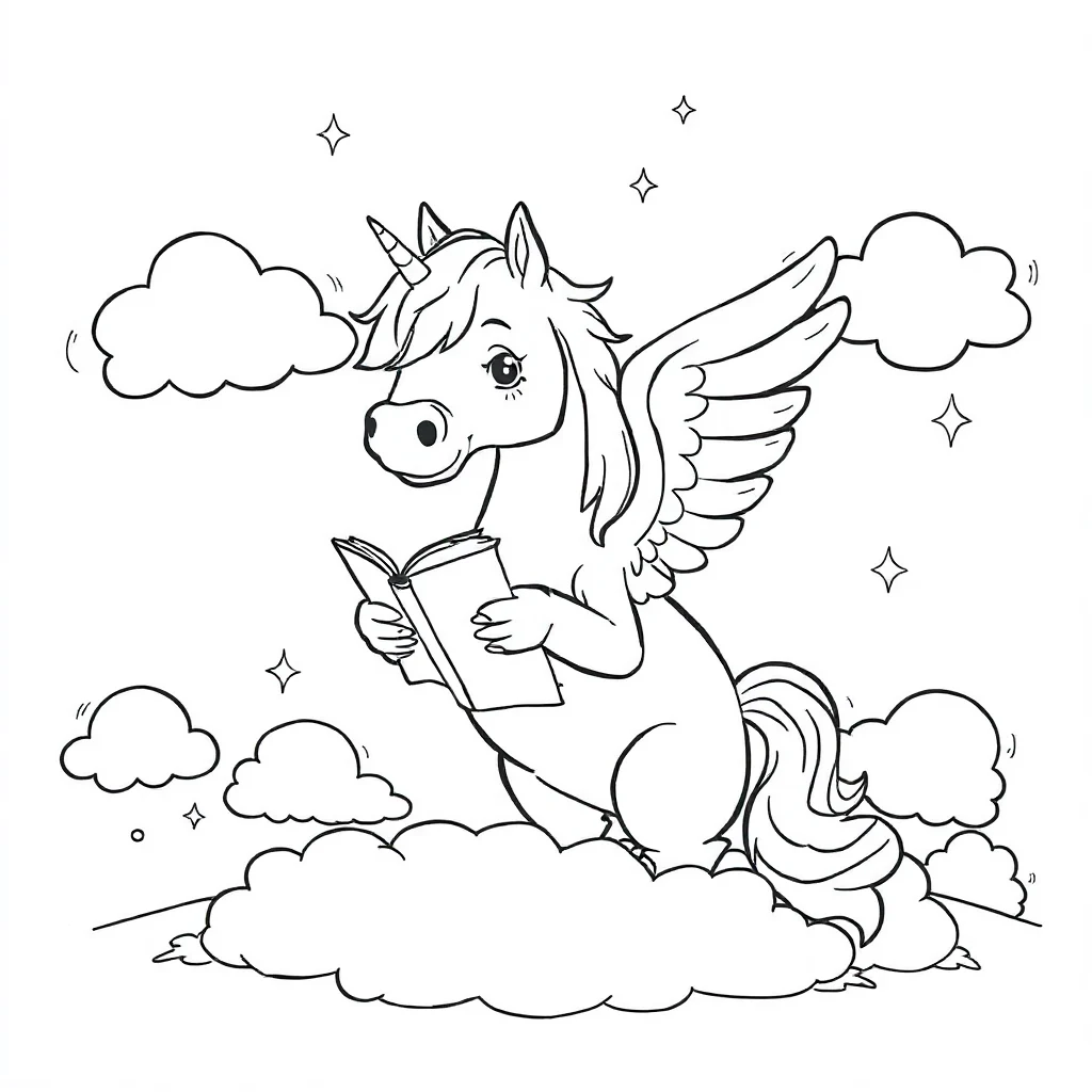 Pegasus a pegasus and clouds reading a book — classic pegasus coloring page (ages 5–10)