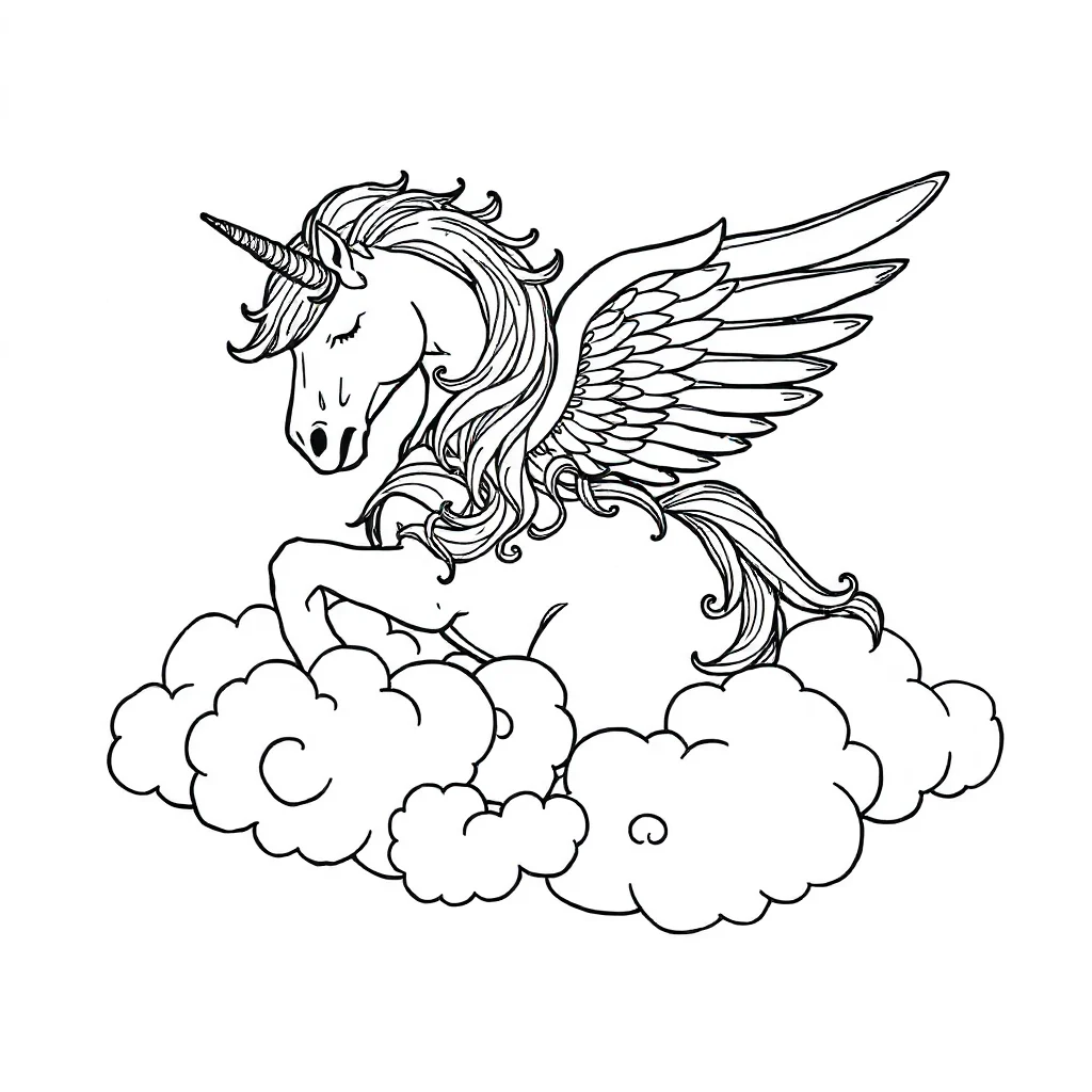 Pegasus a pegasus and clouds sleeping curled up — detailed pegasus coloring page (ages 9+ & adults)