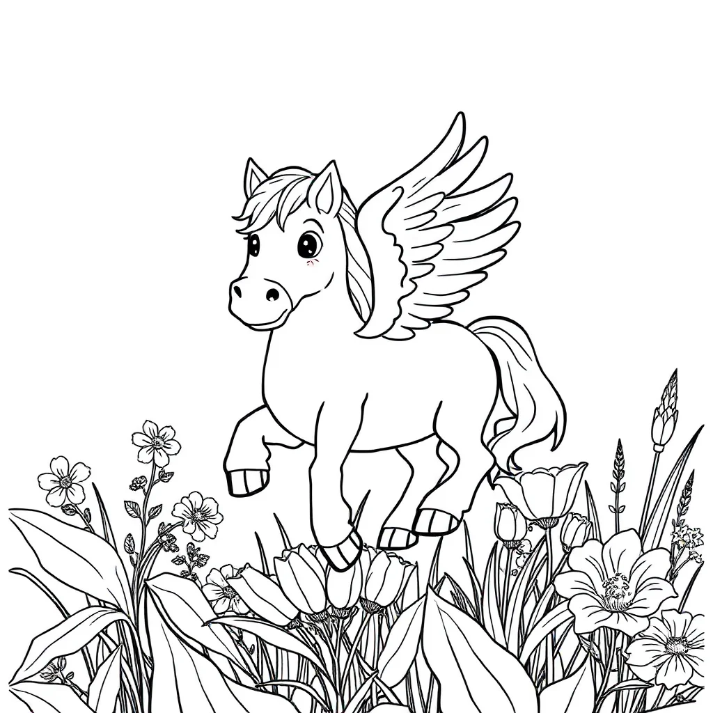 Pegasus a pegasus with wings in a flower garden — classic pegasus coloring page (ages 5–10)