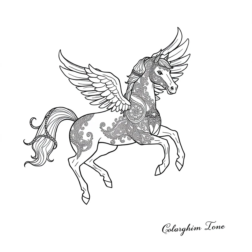 Pegasus a pegasus with wings leaping mid air — detailed pegasus coloring page (ages 9+ & adults)