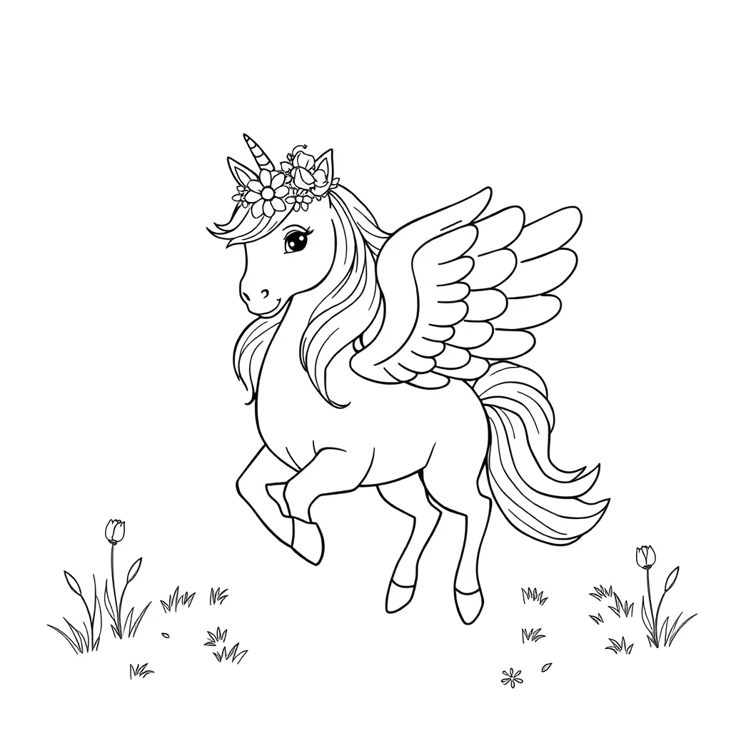 Pegasus a pegasus with wings wearing a flower crown — classic pegasus coloring page (ages 5–10)