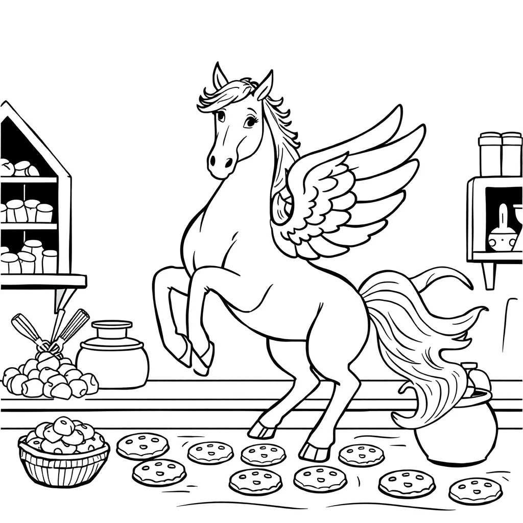 Pegasus a rearing pegasus baking cookies — classic pegasus coloring page (ages 5–10)