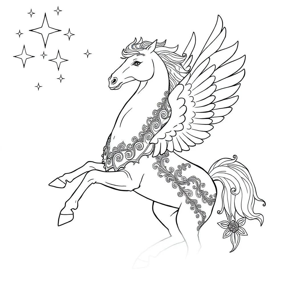 Pegasus a rearing pegasus under the night sky with stars — detailed pegasus coloring page (ages 9+ & adults)