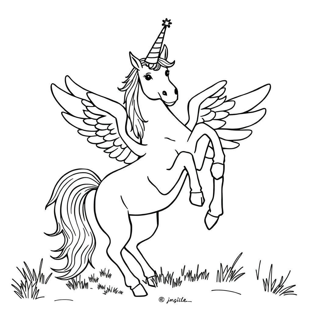 Pegasus a rearing pegasus wearing a party hat — classic pegasus coloring page (ages 5–10)