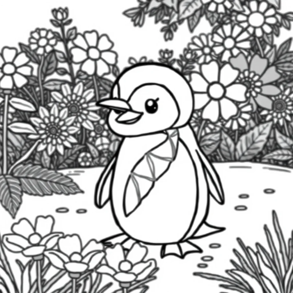 Penguins a baby penguin in a flower garden — classic penguins coloring page (ages 5–10)