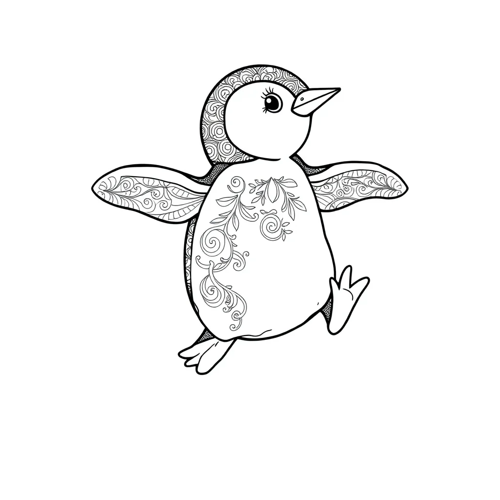 Penguins a baby penguin leaping mid air — detailed penguins coloring page (ages 9+ & adults)