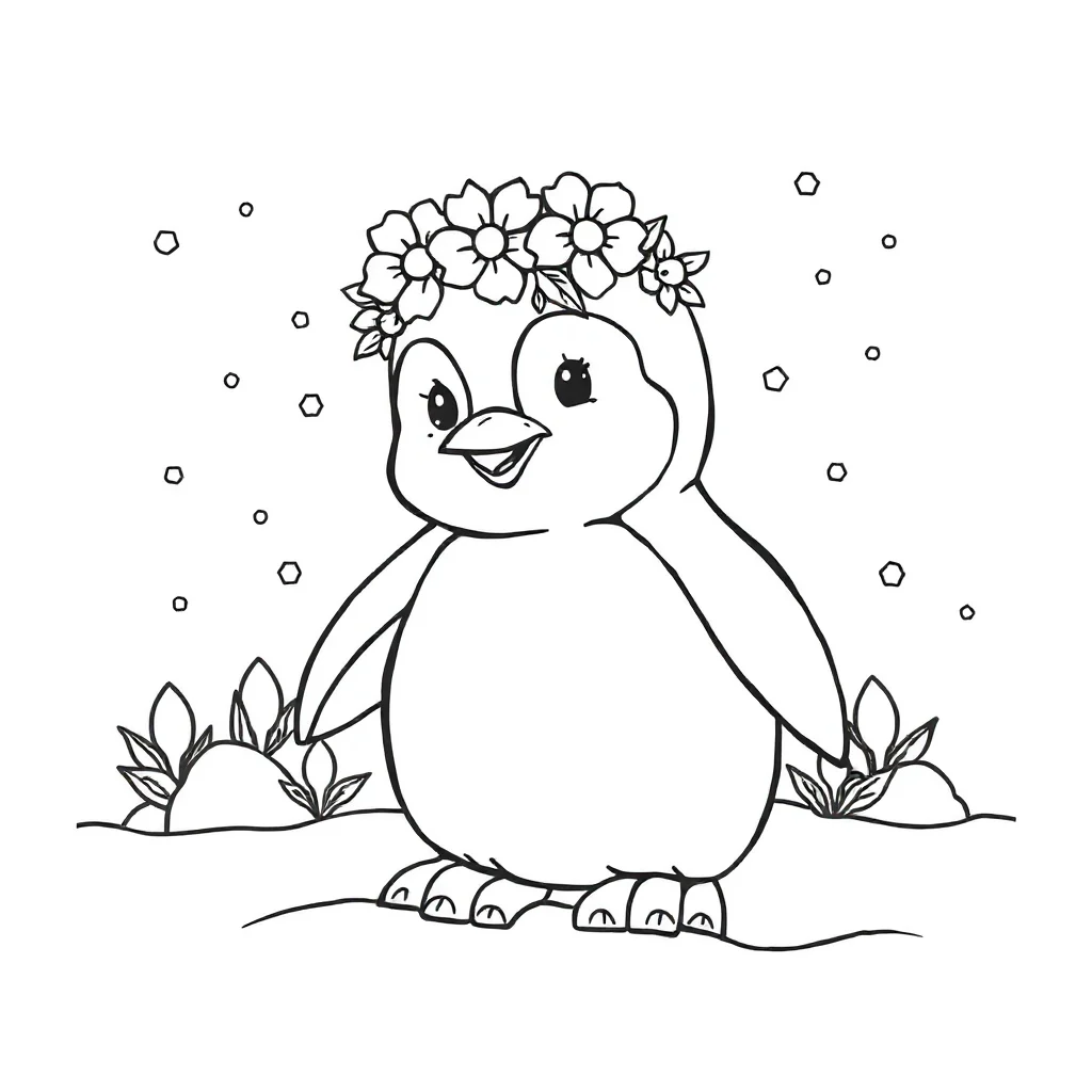 Penguins a baby penguin wearing a flower crown — classic penguins coloring page (ages 5–10)