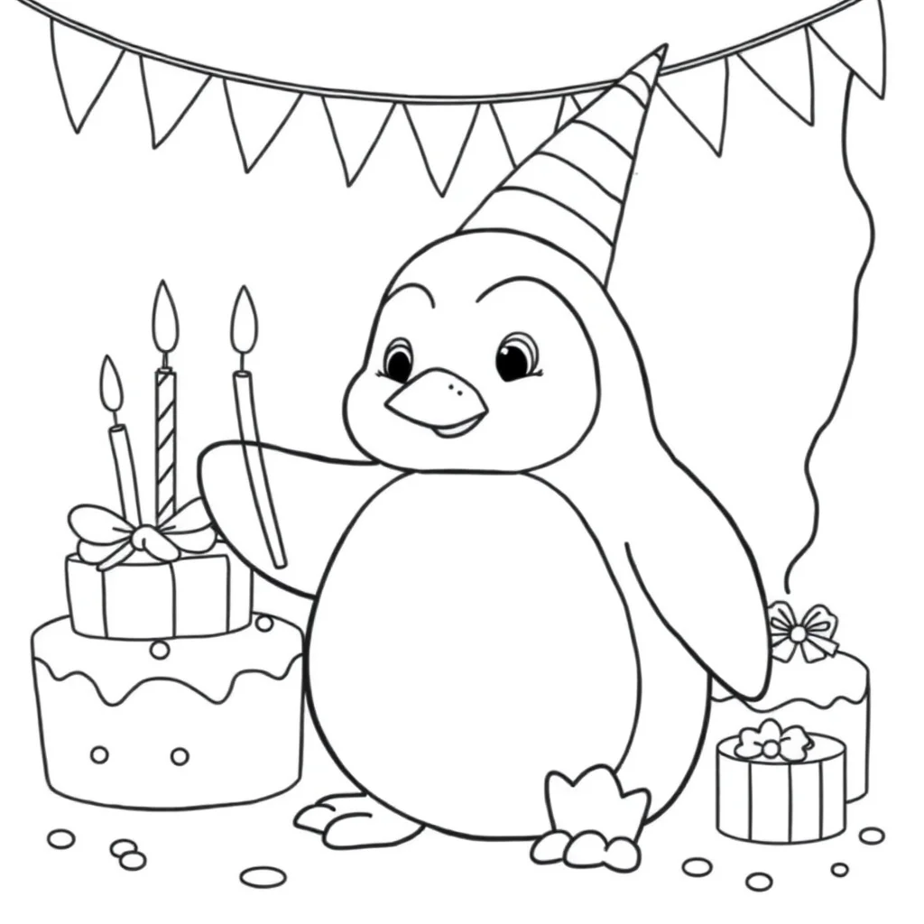 Penguins a cute penguin celebrating a birthday — classic penguins coloring page (ages 5–10)