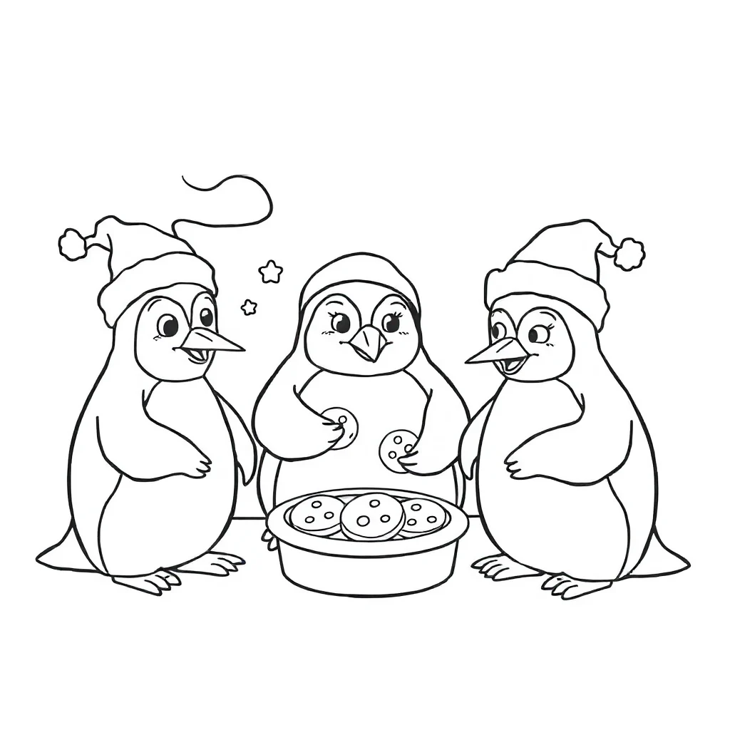 Penguins a group of penguins baking cookies — classic penguins coloring page (ages 5–10)