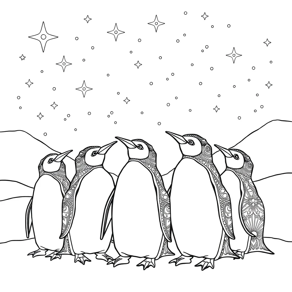 Penguins a group of penguins under the night sky with stars — detailed penguins coloring page (ages 9+ & adults)