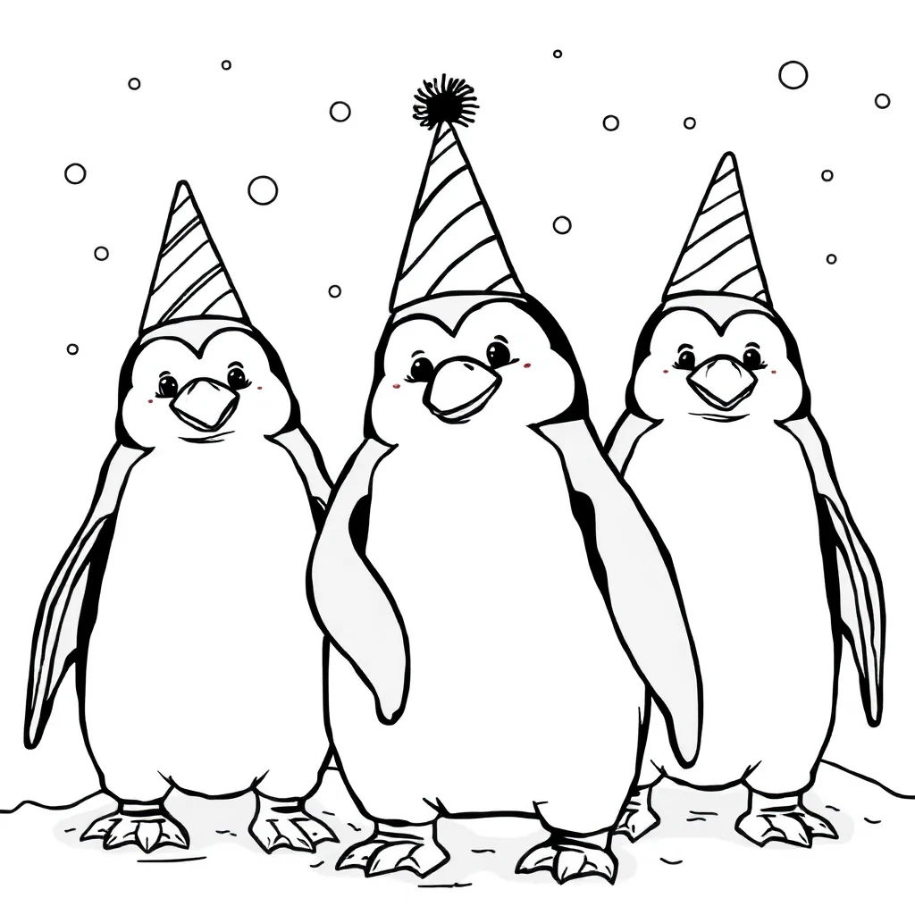 Penguins a group of penguins wearing a party hat — classic penguins coloring page (ages 5–10)